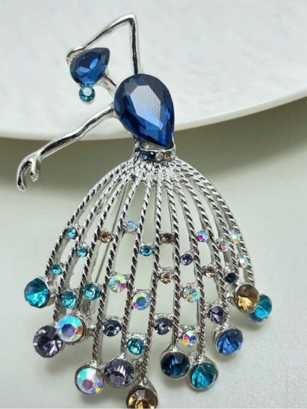 Blue Crystal Fan-Drop Brooch